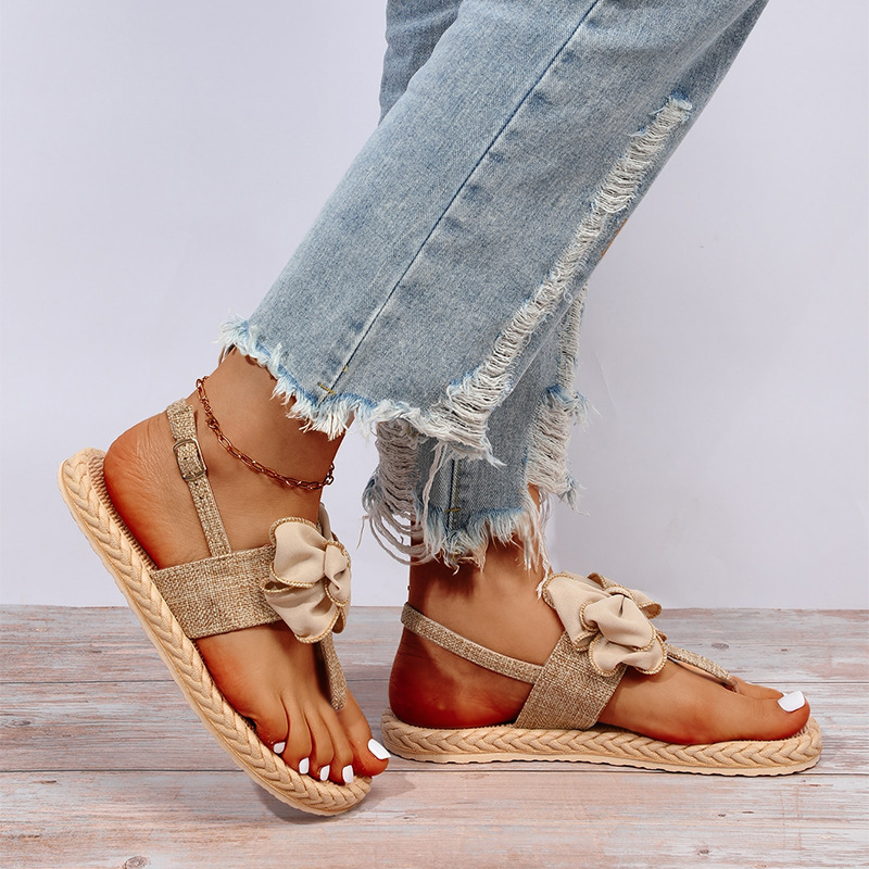 Hemp Rope Flip-Flops Outdoor Beach Hanging Beads Bow Sandals